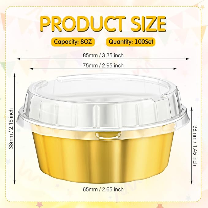 Tessco for you 200 Pcs Disposable Ramekins with Lids 8 oz Creme Brulee Ramekin Aluminum Foil Cup Cupcake Liner Baking Valentines Disposable Muffin Tin Pan Cheesecake Container (Gold,Silver)
