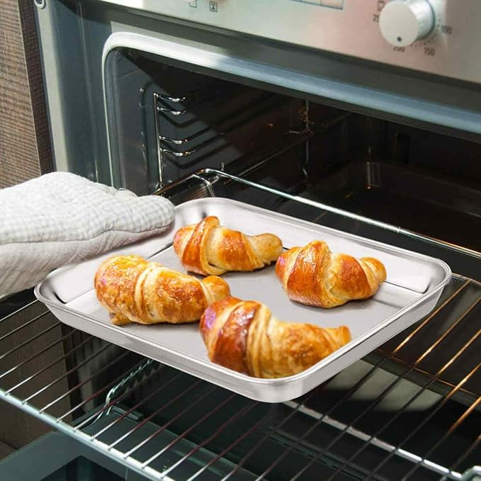 TeamFar Toaster Oven Pans Set of 4, Stainless Steel Compact 10.5 x 8 x 1 Inch Baking Roasting Pan Professional, Healthy &Heavy Duty, Easy Clean & Dishwasher Safe, Deep Edge & Mirror Surface