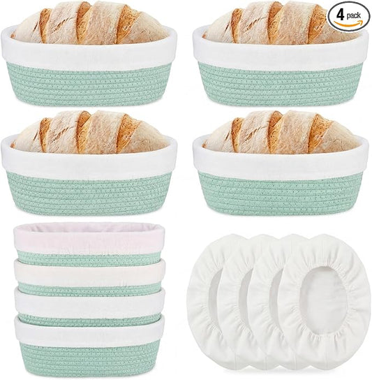 4 Pcs 10 Inch Bread Proofing Basket Set Cotton Rope Oval Banneton Basket Sourdough Bread with Liners Covers for Baking Supplies (Green)