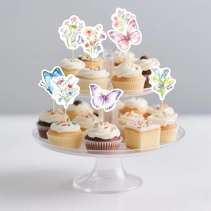 40 Pcs Wildflower & Butterflies Cupcake Toppers - 8 Styles, 5 Pcs Each - Non-Edible Cake Toppers for Wedding, Birthday, Party Decorations