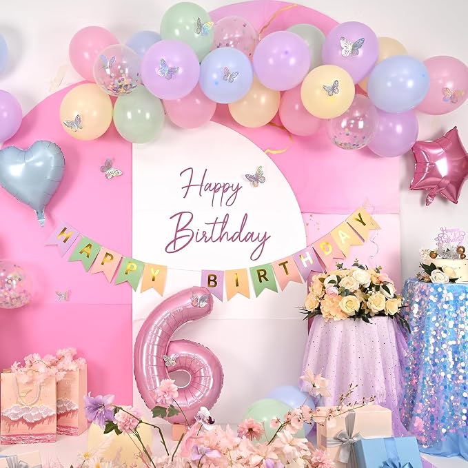 Pastel 6th Birthday Decorations for Girl,Macaron Rainbow 6th Party Decoration Pink Blue Purple Green Yellow Colorful Balloons Banner Star Heart Number 6 Foil Balloon Cake Topper Butterfly Stickers