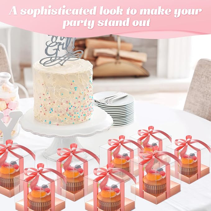 Thenshop 50 Pcs Clear Cupcake Boxes Individual 3.5 Inch Plastic Single Cupcake Containers Boxes with Inserts and Ribbon Individual Cake Storage Holders for Cake Kitchen(Rose Gold)