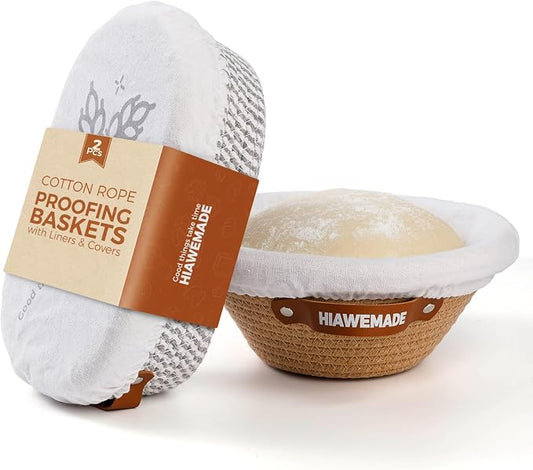 Banneton Bread Proofing Basket, Natural Cotton Rope Bread Baskets with Reusable Liners & Dust Covers, Artisan Sourdough Bread Baking Supplies, 9'' Round & 10" Oval