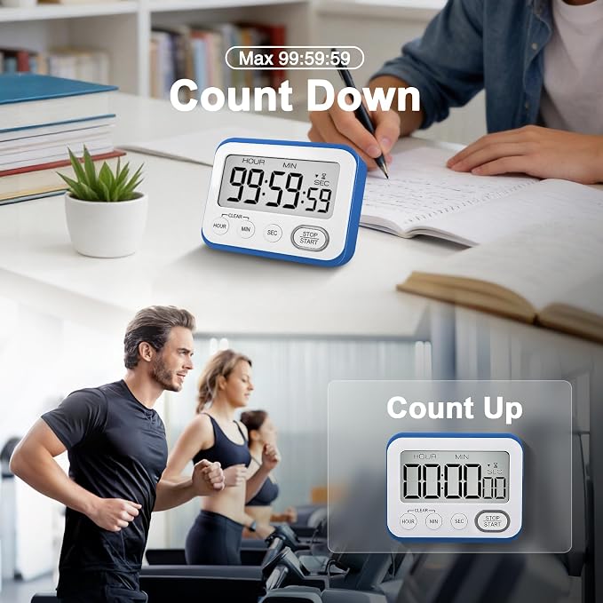 Digital Kitchen Timer Magnetic Loud Alarm, Large LCD Screen Silent/Beeping Multi-Function for Teachers Classroom Kids, Blue