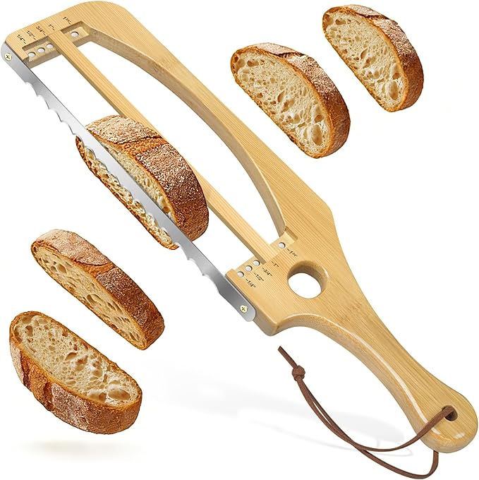 Adjustable Bread Slicer for Homemade Bread, 16.5'' Sourdough Bread Knife with Magnetic Adjustment Mechanism 5 Thickness Guides, Stainless Steel Serrated Bread Cutter for Bagels, Baguettes (Natural)