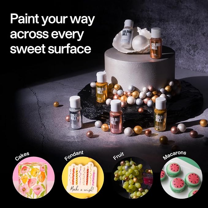 Colour Mill Edible Food Paint – Vibrant Cake & Fondant Decorating Colors for Cookies, Chocolate, Royal Icing & Desserts 20 Milliliters - Metallic Porcelain