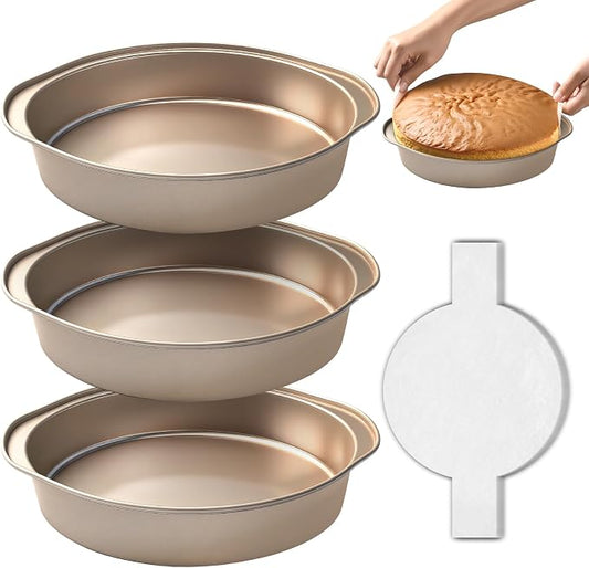 8 Inch Cake Pans, 3PCS Nonstick Round Baking Pans with 50PCS Parchment Papers, Durable Birthday Circle Cake Baking Pan with Handle for Multi-Layer Cakes, Dishwasher Safe (Gold, 8 inch)