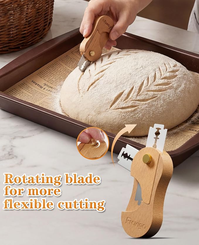 Bread Lame Dough Scoring Tool with Extractable & Magnetic, Wooden Sourdough Scoring Tool with 5 Retractable Razor Blades, Professional & Multi-Purpose Bread Knife Slashing Supplies for Baking