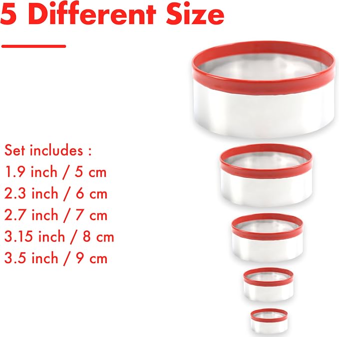 5 Pcs Round Circle Cookie Cutters 1.9", 2.3", 2.7", 3.1", 3.5", 0.4MM Thickness Heavy Duty Food-Grade Stainless Steel, Biscuit Cutter, Mini Cookie Cutters, Unique Design with Protective Red Top PVC