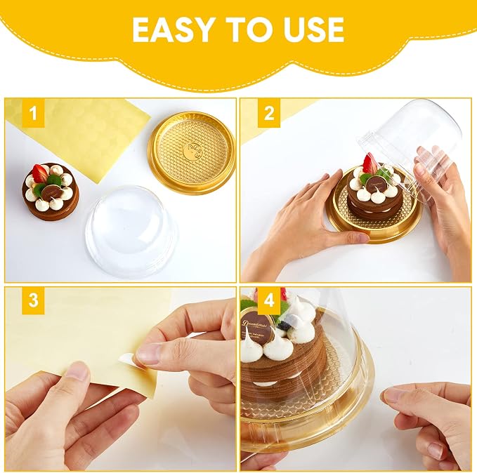 Mimorou Individual Cupcake Boxes Clear Plastic Cupcake Containers Disposable Single Holder with Lid Tall Cake Carrier 5.3 Inch Diameter 4.3 Inch Height with Stickers for Wedding(Gold,100pcs)
