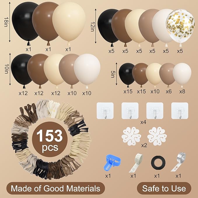 Amandir 153pcs Black Brown Balloon Garland Arch Kit, Different Sizes 18 12 10 5 inch Nude Sand White Latex Metallic Confetti Balloons for Western Country First Rodeo Farm Birthday Party Decorations