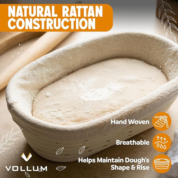 Vollum Banneton Bread Proofing Basket & Liner – Handmade Rustic Sourdough Bread Baking Supplies, Brotform Basket, Sour Dough Tools, Gifts for Bakers - Round - 11"D x 3.5"H