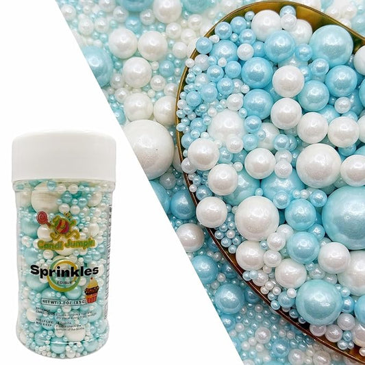 CandiJumpin Edible Pearls for Cake Decorating, Light Blue and White Pearl Sprinkles Baby Blue Sugar Pearls Edible Cake Decorations White Pearl Sugar Sprinkles Cupcake Toppers Baby Shower Party Birthday Wedding Christmas Supplies 3 OZ