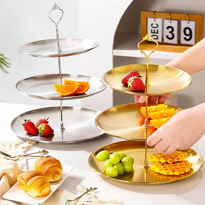 Stainless Steel 3 Tier Cupcake Stand, Tiered Trays Three Layer Cake Stand 3 Tier Serving Tray Platters for Pastry Dessert Candy Fruit Tea Party Wedding Platter (Gold)