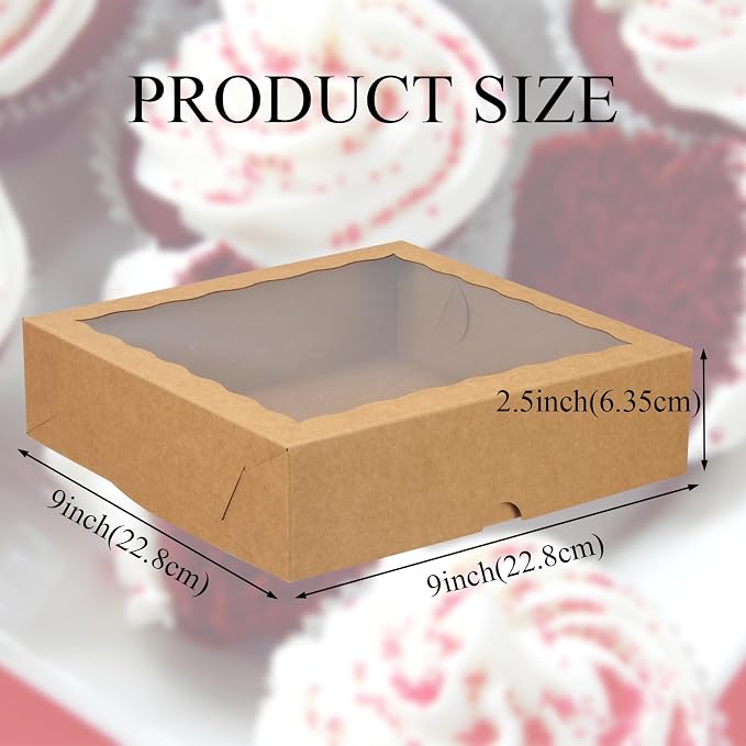 Brown Bakery Boxes with Window (6pcs, 9x9x2.5 Inch) for Christmas: Ideal for Pie, Cookies, Chocolate Covered Strawberries, Breakable Heart & Charcuterie