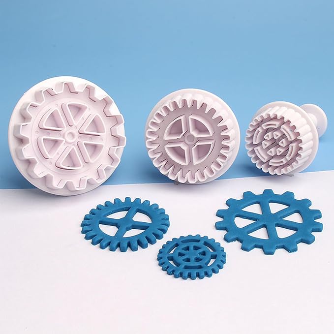 3Pcs Gear Cookie Cutters, Steampunk Cogs Plunger Mold, 3D Gear Cookie Stamp Mold, Clock Wheel Biscuits Fondant Molds for Cake Cookie food Decoration