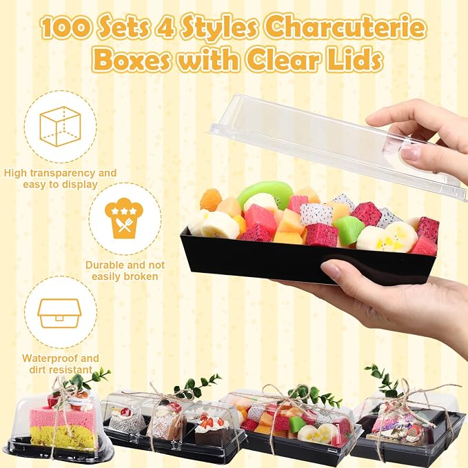 LemonRoad 100 Sets 4 Styles Charcuterie Boxes with Clear Lids Cake Slice Containers with Eucalyptus Leaves Plastic Bakery Packaging Supplies for Cake Snack Dessert Cookie Sandwich(Black)