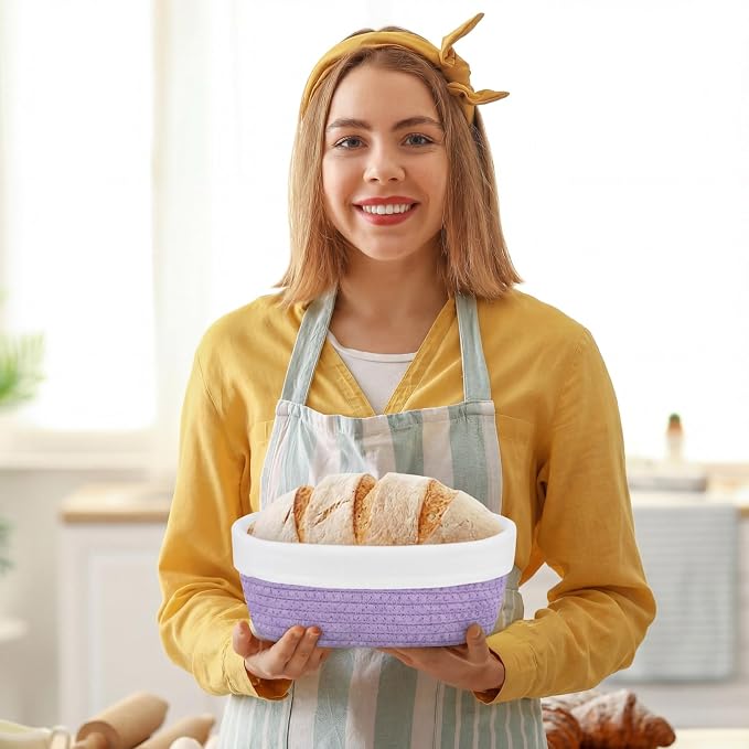 4 Pcs 10 Inch Cotton Rope Banneton Bread Proofing Basket Set Oval Banneton Basket Sourdough Bread with Liners Covers for Baking Supplies (Purple)