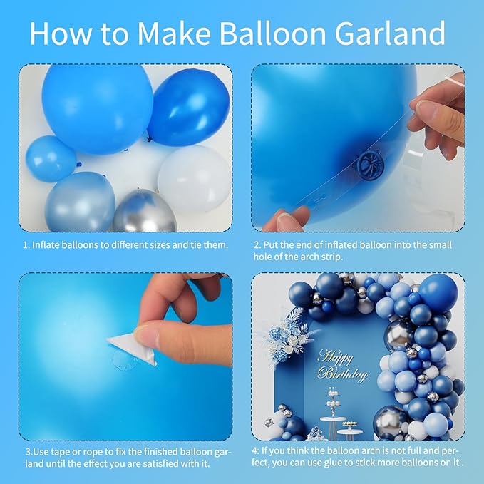 RUBFAC 144pcs Blue Balloons Arch Garland Kit, 18/12/10/5 Inch Blue White and Silver Party Balloons Silver Confetti Latex Balloons for Birthday Wedding Baby Shower Deorations