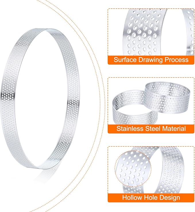 HARFINGTON 3Pcs Stainless Steel Tarts Rings 7.9" Perforated Metal Circle Baking Dessert Mousse Round Cake Ring Non Stick for Home Kitchen Food Cheese Making Tool