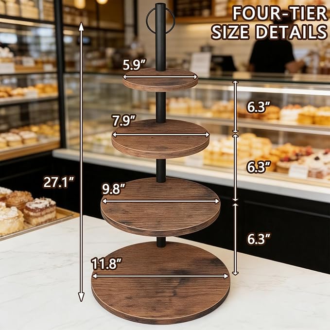 Cupcake Stand, 4 Tier Cake Stands Rustic Wood Cupcake Tower Round Tiered Tray Stand for Dessert Table Display, Industrial Wooden Serving Stand Wedding, Graduation and Baby Shower