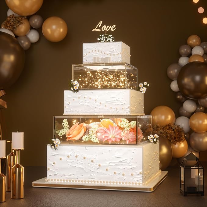 2PCS Clear Acrylic Cake Stand, Fillable Cake Box Riser Cake Tier, Square Cake Display Box with Lid, Decorative Centerpiece Box for Wedding Birthday Party (2pcs, 10" Dx4” H; 6" Dx4” H, 2M LED Lights)