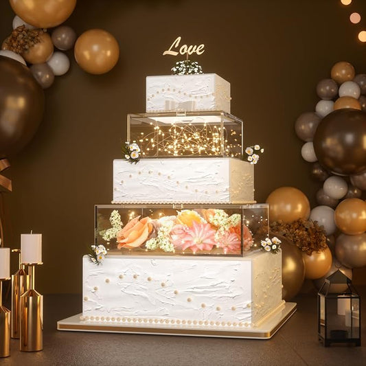 2PCS Clear Acrylic Cake Stand, Fillable Cake Box Riser Cake Tier, Square Cake Display Box with Lid, Decorative Centerpiece Box for Wedding Birthday Party (2pcs, 10" Dx4” H; 6" Dx4” H, 2M LED Lights)