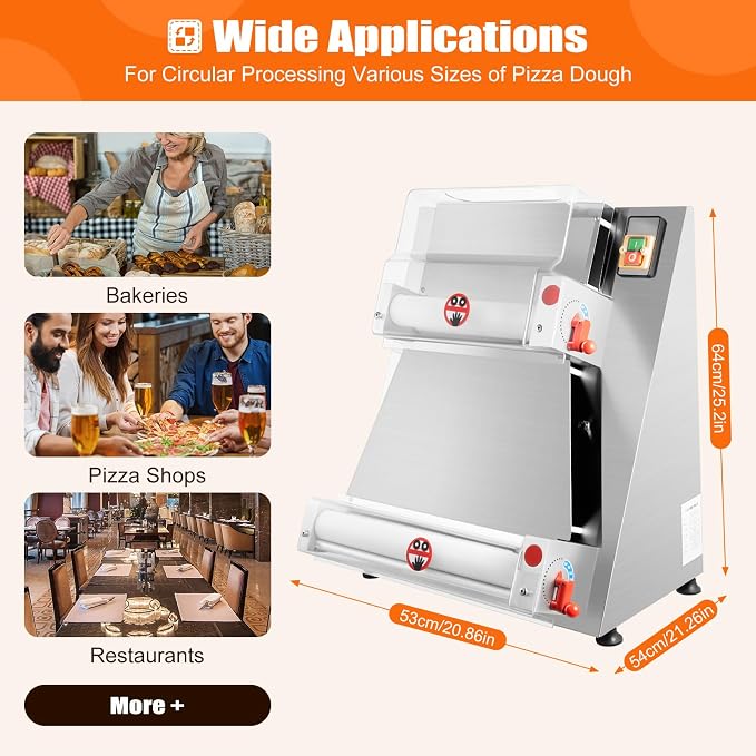Bepritm Pizza Dough Roller Sheeter, 370W Stainless Steel Electric Pizza Press with Adjustable Thickness, 3-15" Commercial Making Rolling Machine for Pizza Shops, Restaurants (3-15in Pizza Size)