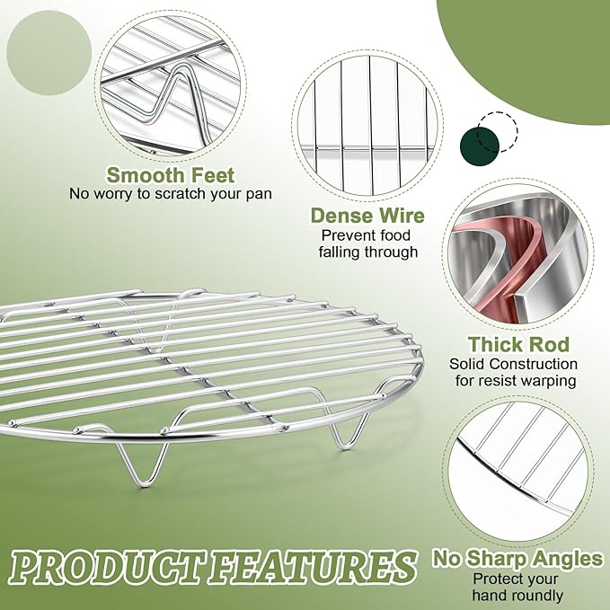 P&P CHEF 7½ Inch Cooking Rack Round, Stainless Steel Round Rack for Cooking Cooling Steaming Baking, Fit Air Fryer Pot Pressure Cooker, 2 Pack -Oven Safe, Silver