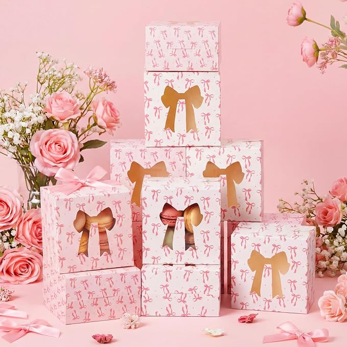 50 Pack Pink White Bow Cookie Boxes with Window 5x5x3 Inch Small Bakery Treat Boxes for Pastry Donuts Macaroon Cupcakes Tea Party Birthday Wedding Bridal Shower Favors