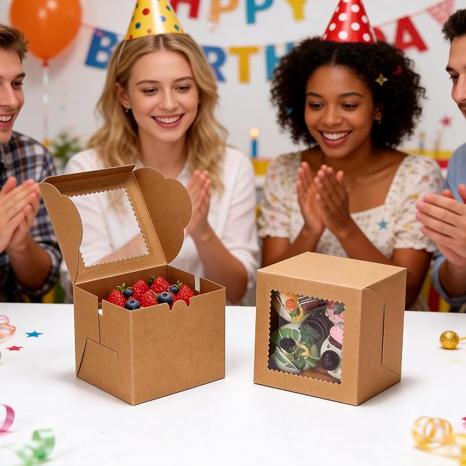 COTOPHER 50pcs 6x6x5 Inch Mini Cake Boxes, 6 Inches Small Bakery Box (25 Boxes & 25 Boards), Bento Cake Containers for Cookies, Cupcake, Desserts, Birthday, Party, Wedding, Valentine's Day