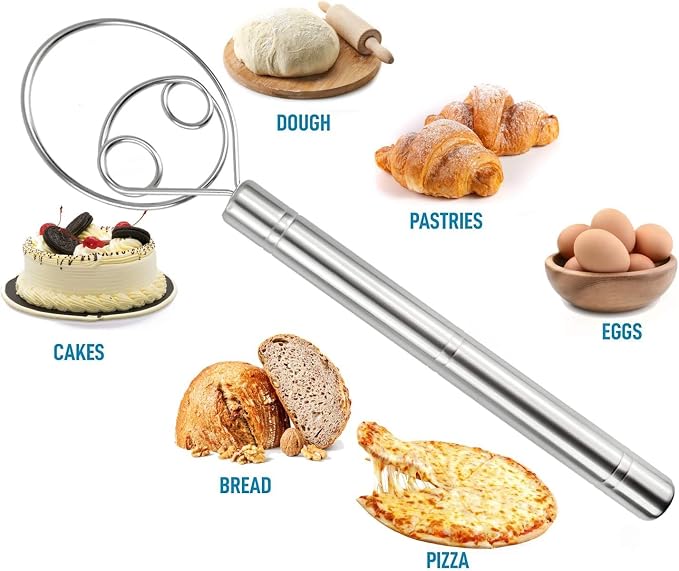 Large Danish Dough Whisk Bread Mixer, Premium Stainless Steel Dutch Whisk for Bread, Pastry or Pizza Dough - Perfect Baking Tool Alternative to a Blender, Mixer or Hook