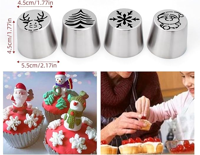 13 Pcs Extra Large Christmas Theme Icing Tips Set with10 Disposable Pastry Bags,1 Small Russian Flower Tip,1 Cleaning Brush for Cake Decoration,Cream Baking Tools