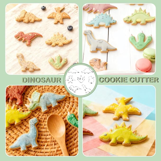 New Dinosaur Cookie Cutter Set - 7 Piece Stainless Steel Fun Dino Cookie Cutter for Kitchen, Baking, Dinosaur Birthday Party Supplies