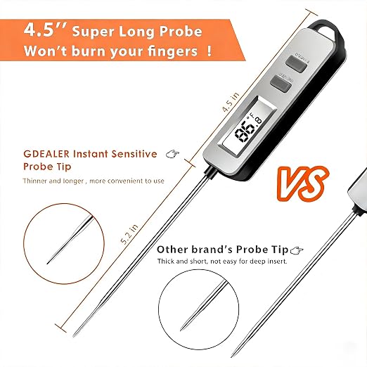 Digital Meat Thermometer, Paysean Instant Read Food Thermometer with 5.2" Probe, ±1°C High Accuracy Cooking Thermometer Auto-Off, LCD Display, for Kitchen, BBQ, Baking, Sourdough, Candy Making