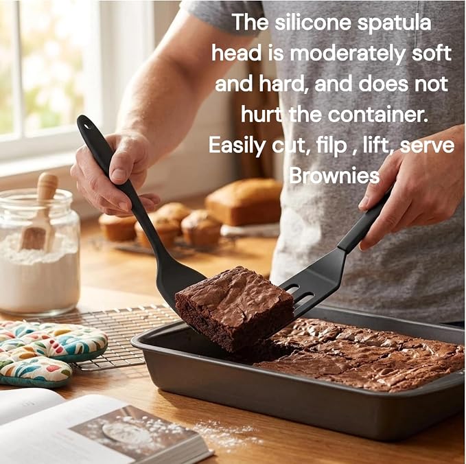 Mini Serving Spatula 2pcs set, Silicone Serve Turner Heat-Resistant Cookie Slotted Spatula, For Kitchen Cooking. (Black)