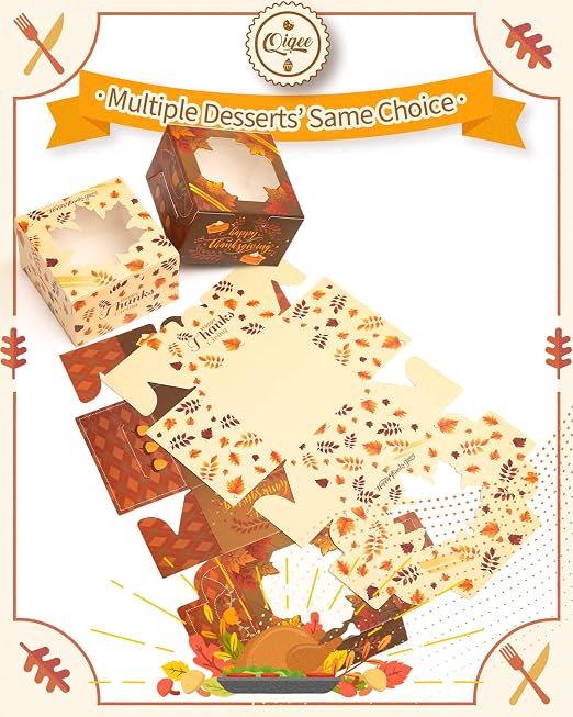 qiqee Thanksgiving Bakery Boxes with Window 52pcs 4x4x2.5 Mini Cookie Boxes Macaron Boxes Small Donut Pastry Boxes for Thanksgiving Day