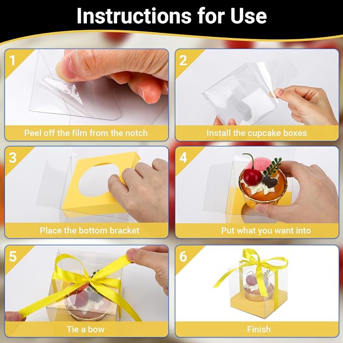 EUSOAR Clear Cupcake Boxes, 12 Pack 3.5 Inch Plastic Individual Transparent Cupcake Containers with Ribbon, Pastry Muffins Gift Holder Clear Disposable Cake Carriers Display for Wedding Party Bakery