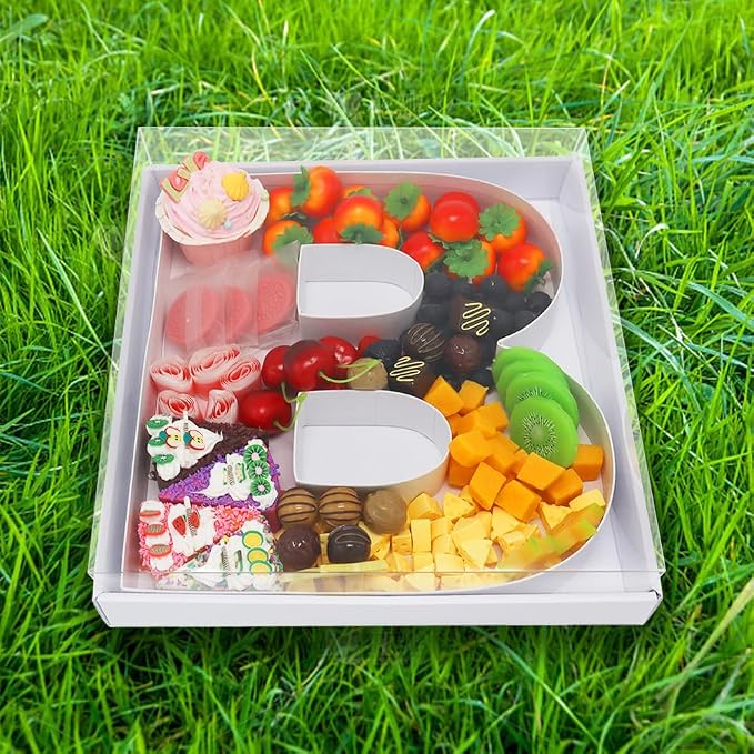 WENPACK 12.5" Cardboard Fillable Letter Shaped Mache Charcuterie Sweets Candy Decorative Box with Clear Lid (White, B)