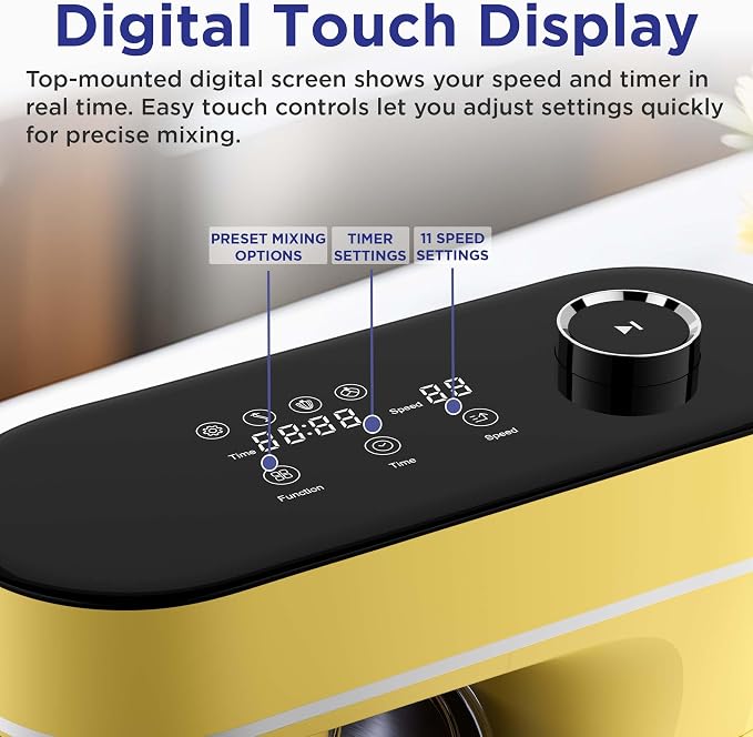 Magnavox Home, 6.3 qt Digital Touchscreen Stand Mixer, 11 Speeds, Yellow