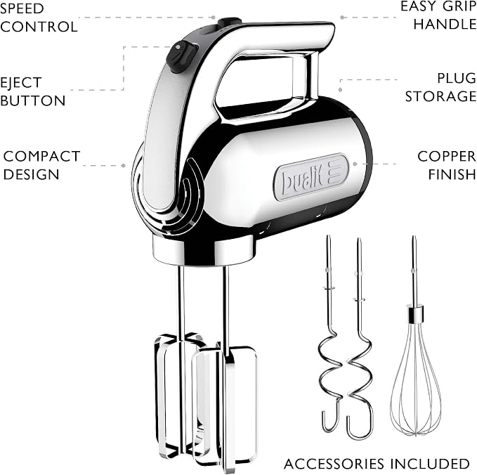 Dualit Hand Mixer - 300W- Strong Grip Handle - Attachments Included - Integral Plug Storage - 4 Speed Settings - Repairable gears - Flat Beaters, Dough Hooks, Balloon Whisk