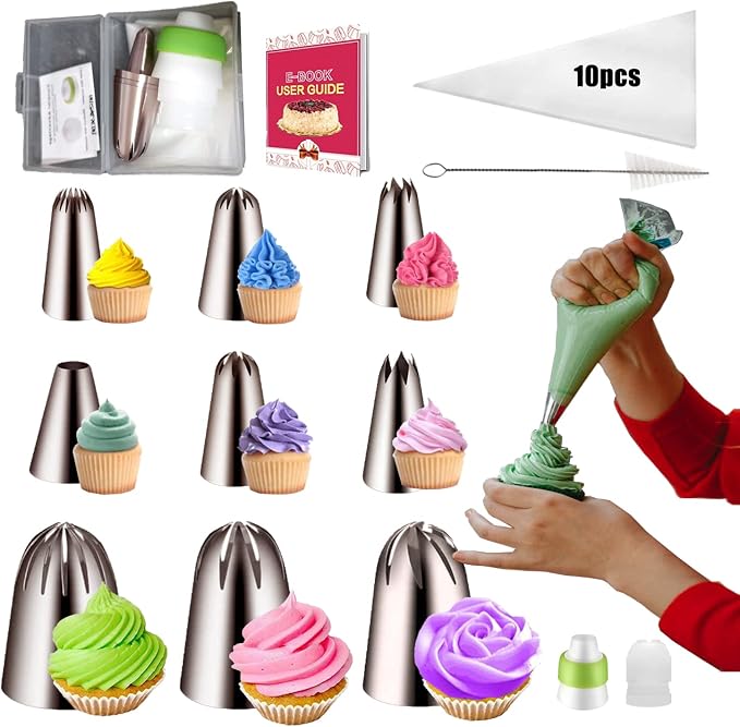 22Pcs Piping Nozzles Set, Stainless Piping Tip Set with 10 Pastry Piping Bags, Anti - Burst Cupcake Icing Bags, 2 Couplers, for Cake Decoration Cupcake Baking Cookie…