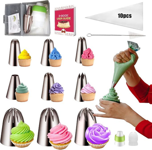 22Pcs Piping Nozzles Set, Stainless Piping Tip Set with 10 Pastry Piping Bags, Anti - Burst Cupcake Icing Bags, 2 Couplers, for Cake Decoration Cupcake Baking Cookie…
