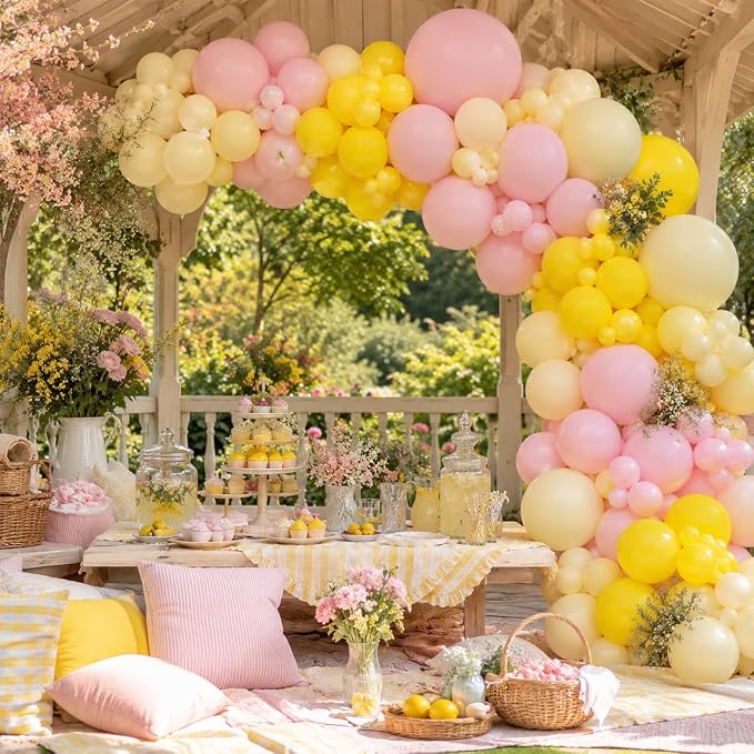 Pink and Yellow Balloon Arch Kit, 122Pcs Pastel Pink Yellow Balloons for Girls Lemon Party Decorations Summer Birthday Pool Theme Bridal Shower Baby Shower Engagement Party Decorations