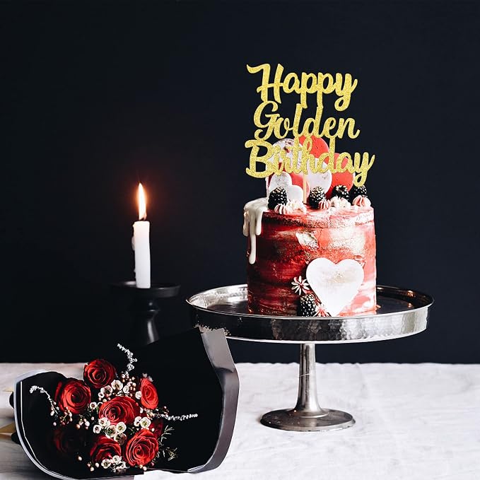 1 PCS Happy Golden Birthday Cake Topper - Gold Glitter Pick for Celebrating Anniversary Theme Party Cake Decorations Supplies