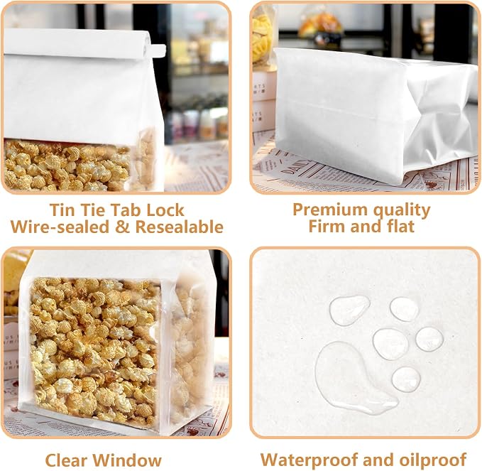 50 Pack White Cookie Bags with Seal, 8.2x3.9x3.1 Inch Tin Tie Tab Lock Bakery Bags with Window Resealable Paper Packaging Bag for Muffin, Candies, Scone, Brownie, Included 50 Thank You Stickers