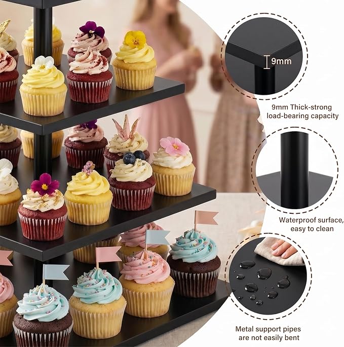 Wooden 4 Tier Cupcake Stand for 50 Cupcakes,Cupcake Holder,Cupcake Tower,Tiered Tray Stand for Birthday Bar Décor Weddings,Parties Events, Black