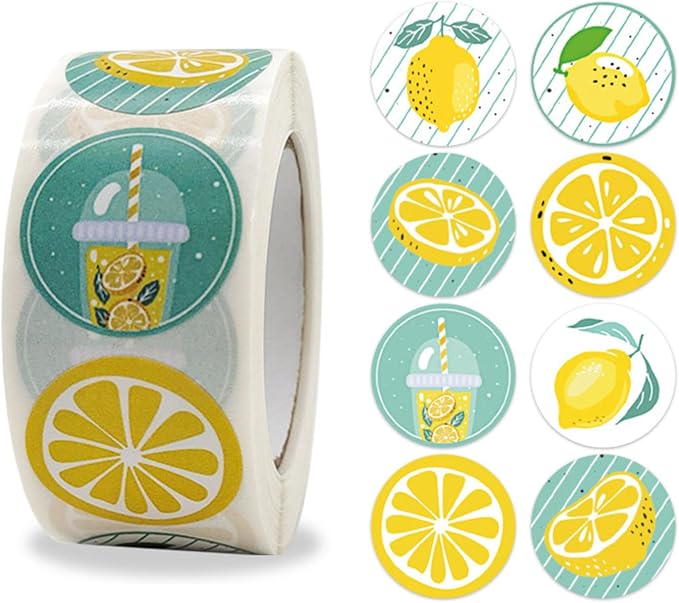 500PCS Lemon Stickers Yellow Green Fruit Decals 1 Inch 8 Different Round Roll Lemons Themed Birthday Party Favors Business Card Candy Cookie Bag Envelope Seals Gift Wrapping (Lemon)