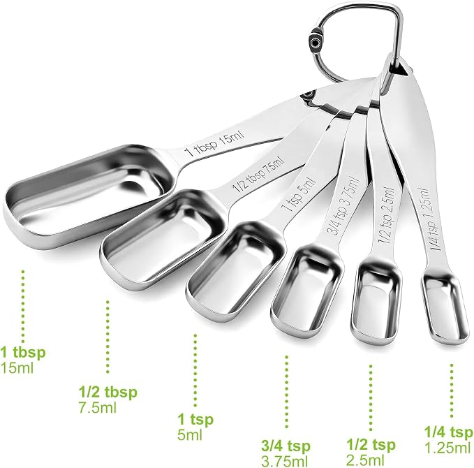 FANGSUN Stainless Steel Narrow Measuring Spoons, Metal Measuring Spoons with Long Handle and Engraved Measurements Set of 6, For Dry or Liquid, Fits in Spice Jar