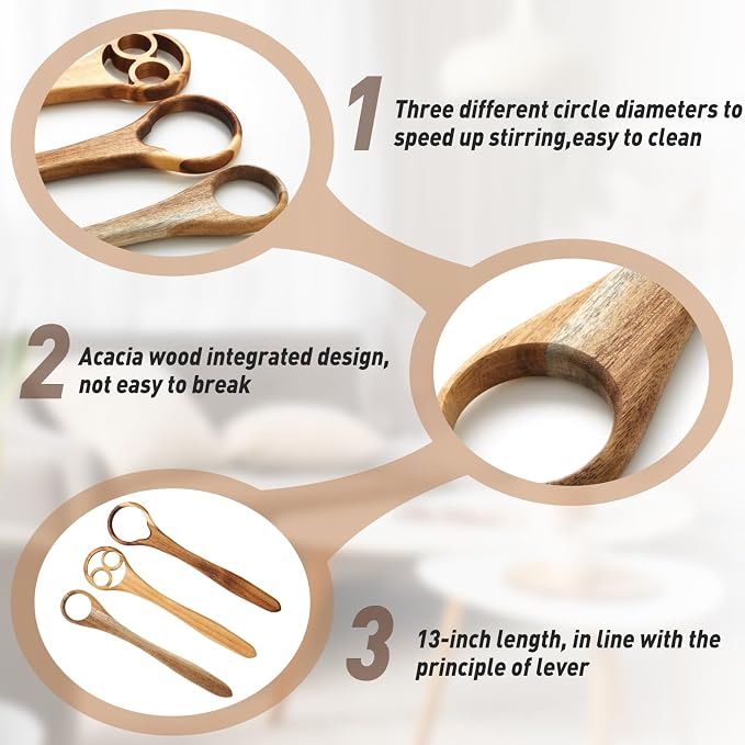 SiliFine Danish Dough Whisk Set of 3, 13" One-piece Acacia Wood Sourdough Whisk for Bread, Pizza, Batter & Starter, Cake Biscuits Flow-through Design, Handmade Bread Baking Gift